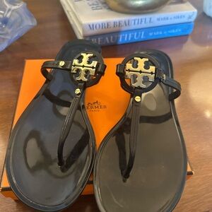Tory Burch Black Sandals with Gold Emblem